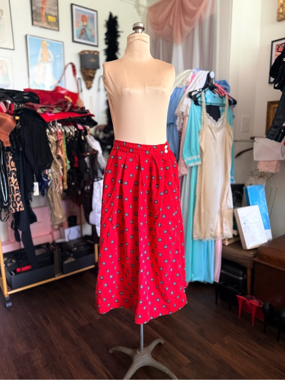 Vintage 1980’s Worsted Wool Preppy High-Waist Red Printed Skirt